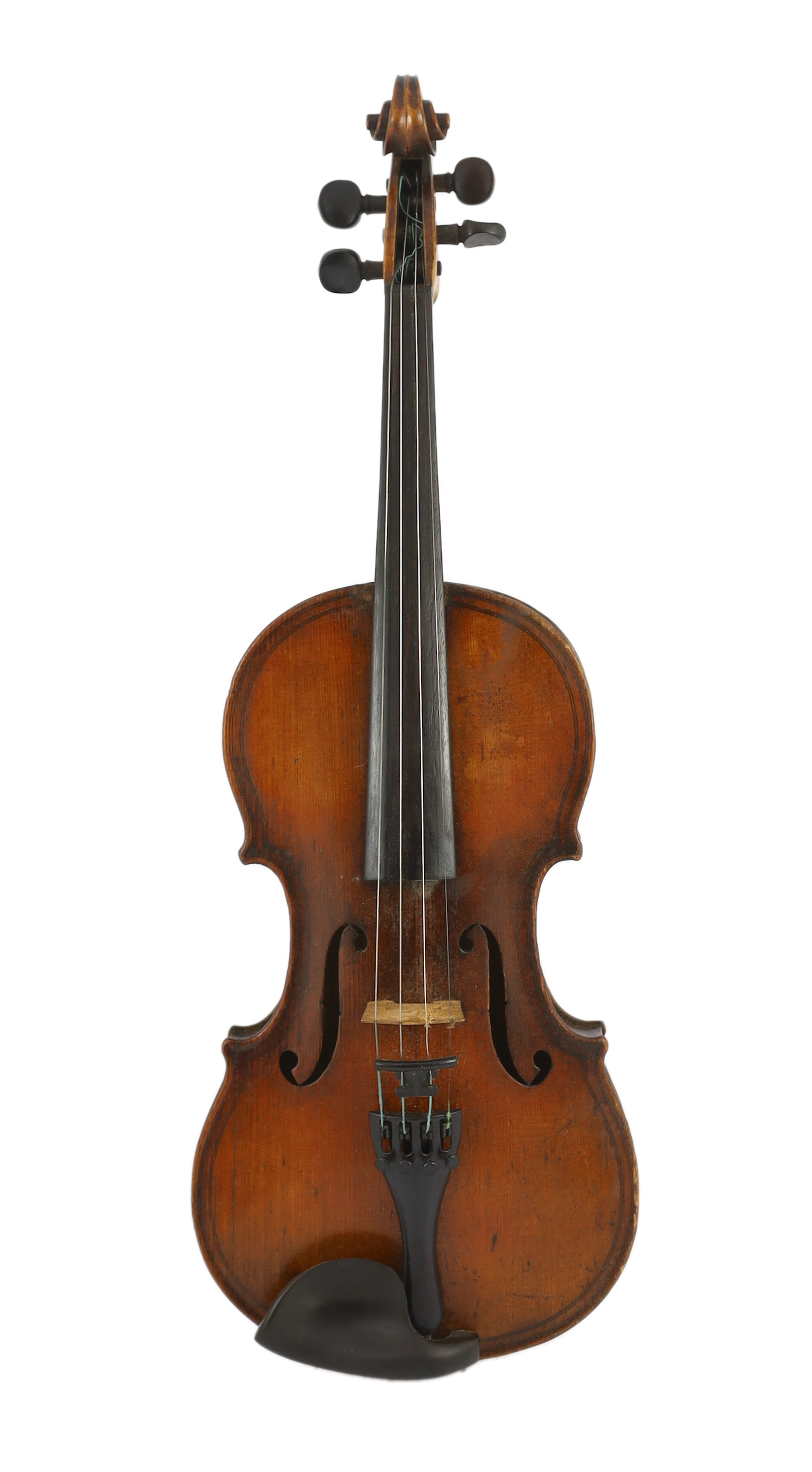 An 18th century violin, labelled ‘New Back by James Carroll, Maker, Manchester 1899’, length of back 36.5cm
